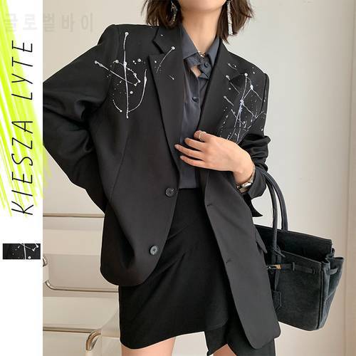 Fashion Women&39s Blazer Long Sleeve Niche Splash-ink Printed Casual Black French Suit Jacket 2022 Autumn
