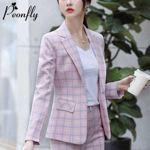 PEONFLY Fashion Plaid Women Blazer New 2020 Spring Long Sleeve Single Button Blazer Office Ladies Blazer Feminino Pink Gray