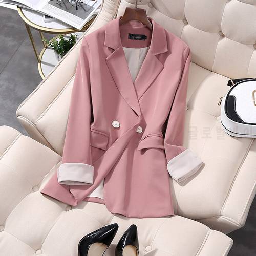 Vintage Double Breasted Office Ladies Pink Blazer Long Sleeve Loose Spring Suit Coat Jacket Women Small blazers Female