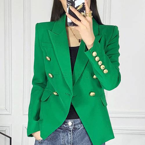 Green Women Blazer Metal Double-breasted Button Buckle Slim Office Lady Fashion Cotton Blazers Jackets Suit 2021 High Quality