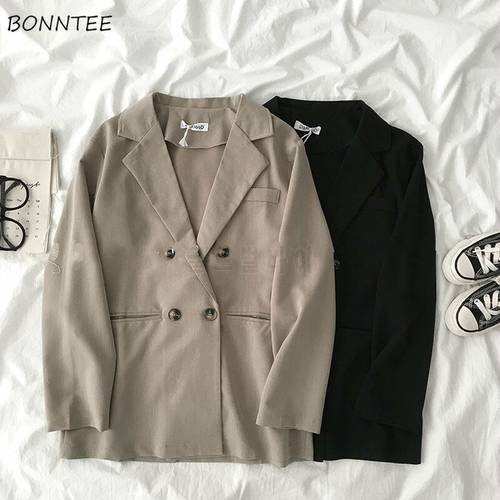Vintage Blazers Women Chic Notched Korean Elegant Fall Trendy Pure Simple Office Lady Outwear Daily Popular Femme Clothes Loose