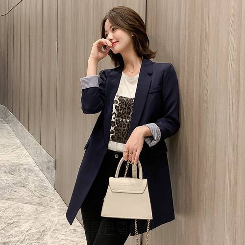 Autumn Spring Mid Lenght Blazer Women Large Size Office Ladies Blue Black Casual Blazer Fall Korean Female Slim Long Coat Jacket