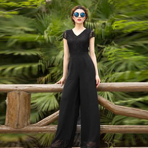 2022 Women Summer Jumpsuit Party High Street Rompers Chiffon Elegant Black Full Length Wide Leg Lace Overalls Clothing 3XL 4XL