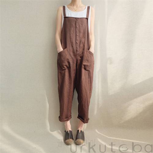 Retro Women Ladies Baggy Trendy Bib Full Length Casual Loose Linen Dungaree Overall Solid Loose Causal Jumpsuit Pants Summer Hot