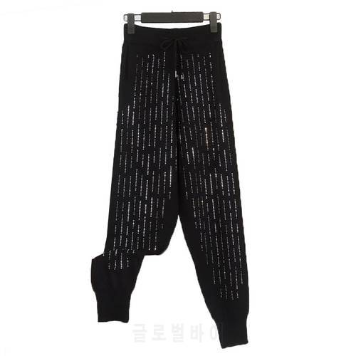 European Heavy Industry Hot Drilling High Waist Casual Pants Women Loose Autumn Winter All-match Black Knitted Women Pants 2022
