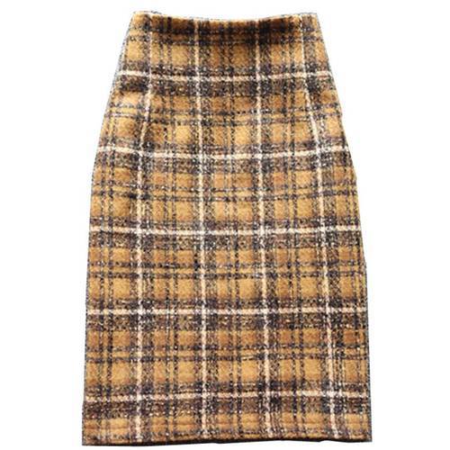 autumn winter plaid woolen skirt women high wasit package hip pencil skirt
