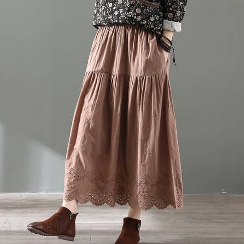 Spring Summer Mori Girl Double-Layer Cotton Skirt Women Solid Color Hollow Casual Elastic Waist Medium-Length Skirts Z166