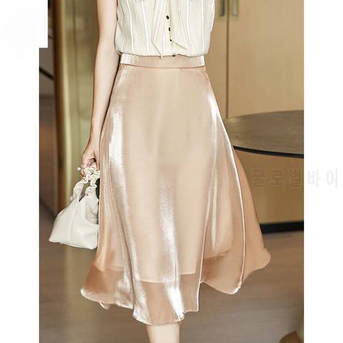 Summer Voile Midi Skirts Womens Korean England Style Satin Office Lady Simple Solid Skirts Black Plus Size