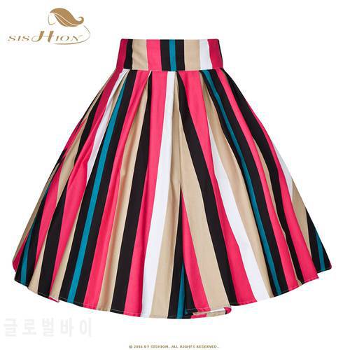 SISHION Striped Women Skirt VD1533 A Line High Waist Cotton Ladies Swing Vintage Skirts Womens falda mujer