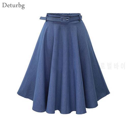 Women&39s Elegant Solid Color Knee-Length Skirt Free Belt Female High Waist Pleated A-Line Jeans Denim Skirts 2021 Spring Sk655