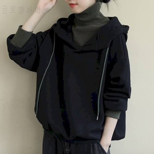 2022 Velvet Padded Women Hoodies Autumn Winter New Korean Style High Collar Long Sleeve Fake Two-piece Casual Jacket Top Gothic