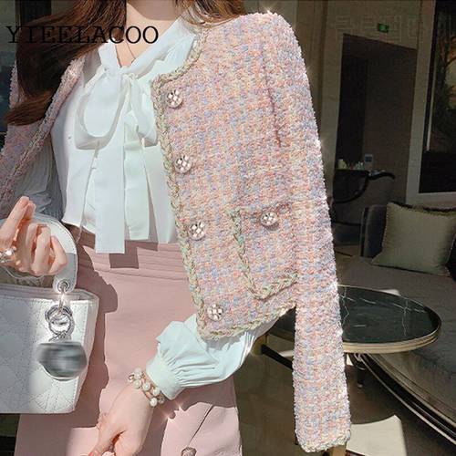 Pink Tweed Coat Women&39s Spring/Autumn Coat 2020 New Style Elegant All-match Long Sleeve Short Outdoor Coat One-Piece