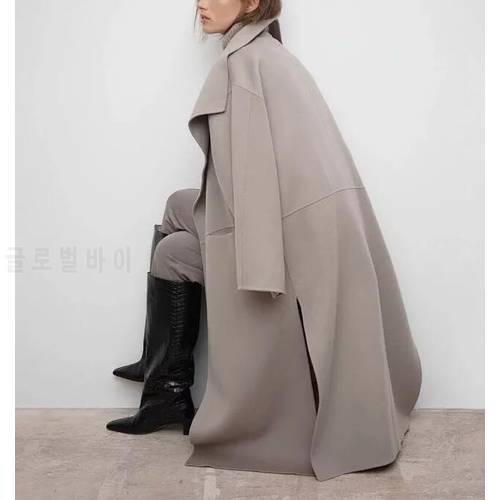2022FW Fashion Wrap coat Large Lapel Collar ELegant Grey cashmere WOOL Oversized Long Trench Side Slit open front pockets