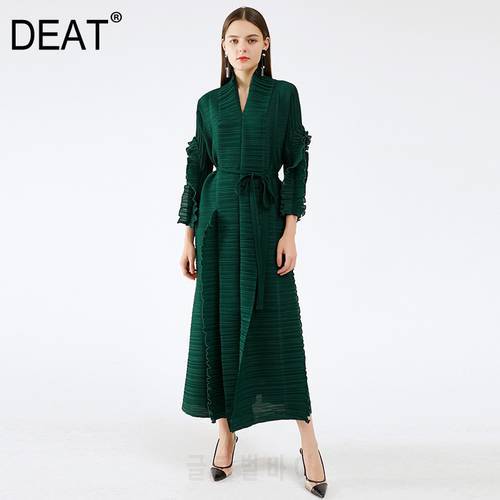 DEAT 2021 New Autumn Fashion Womens Pleated Coat Solid Full Sleeve V-neck Loose Elegant Long Length Sashes Slim Ruffles TX803