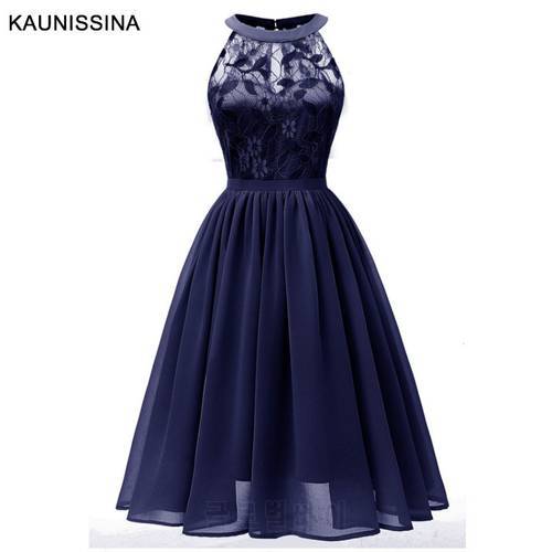 KAUNISSINA Elegant Short Cocktail Dresses HKnee Length Neck Chiffon Lace Solid A-line Party Dresses Vestidos