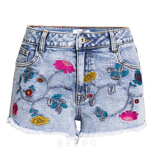 jeans shorts 3D embroidery three-dimensional flower high waist slim denim shorts women
