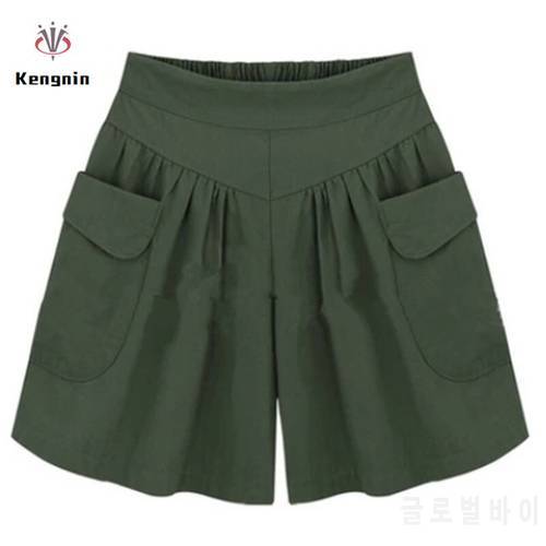 Kengnin Casual Shorts Women Summer Elastic Waist Loose Wide Leg Short Black Navy Soft Cotton Femal Streetwear Thin Clothing KE09