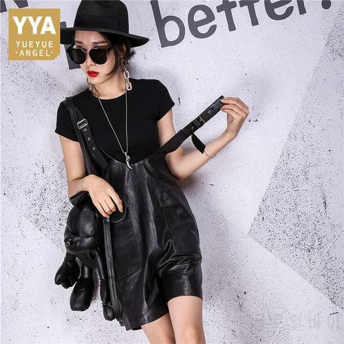 High Quality Women Real Sheepskin Straps Bib Shorts Streetwear Overalls Female Casual Loose Fit Genuine Leather Shorts Rompers