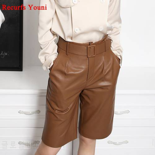 European Style Womens Genuine Leather Pants Female Handsome Straight High Waist Suit Shorts With Belt Casual Wide Leg Trousers