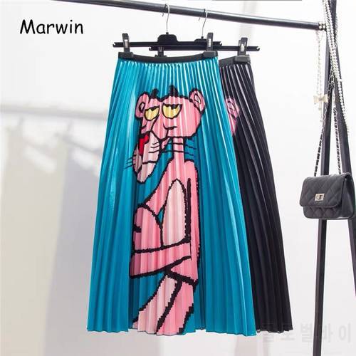 Marwin Spring New-Coming Printing Cartoon Pattern High Street Europen Style Women Skirts High Elastic Quality Pleated Skirt