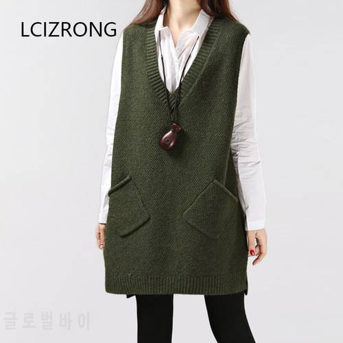 Spring Casual Sleeveless Knitted Dress Women V-neck Straight Tank Sweater Dress Green Loose Pullover Dress With Pockets