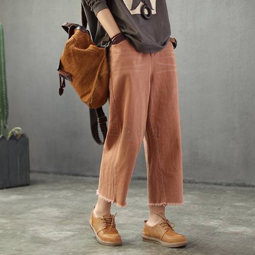 Spring Jeans Women Retro Loose Denim Pants Elastic Waist pocket Scratched Solid color Casual Ladies Blended Casual Trousers 2019