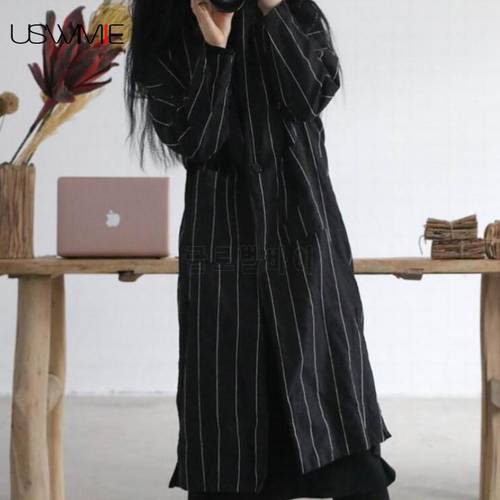 USWMIE 2020 Spring Coat Women New Literary Single Button Striped Long Sleeve Pockets Thick Irregular Hem Flax Loose Casual Coat