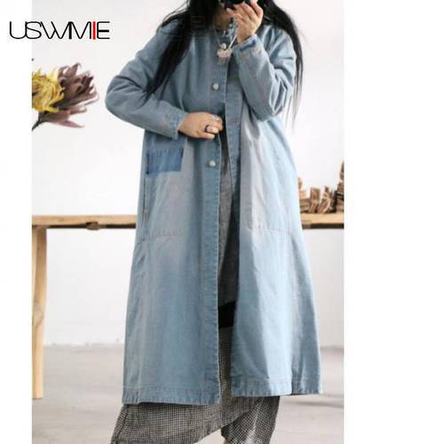 2020 Trench Coat For Women Literary Joker Single Breasted O-neck Solid Color Long Sleeve Loose Longer Cowboy Women Coat USWMIE