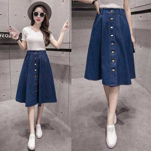 New Arrival Summer Pleated Denim Skirt Girls Cute Blue Jean Skirts Womens High Waist Button A -Line Casual Solid Skirts