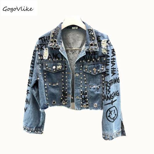 Graffiti Print Denim coat Punk Rock Jeans jacket 2021 New Autumn Rivet Hip Hop Holes Coat Big Size Coats High Waist LT556S50