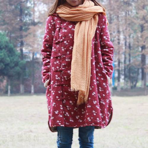 LZJN Women Long Sleeve Winter Coat Mori Girl Warm Imitation Lamb Wool Outerwear Small Flower Jacket Chinese Casual Long Jacket