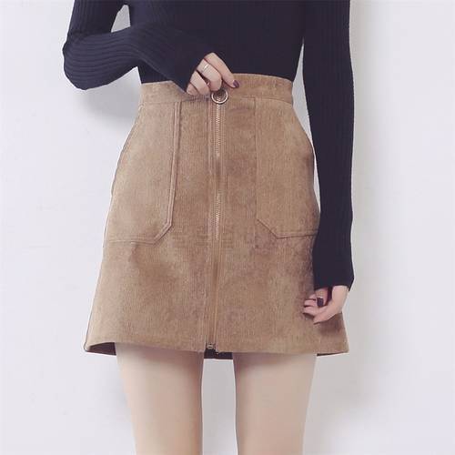 TingYiLi Vintage Corduroy Skirt Zipper Pockets Front High Waist Mini Skirt Autumn Blue Green Brown A-Line Skirt