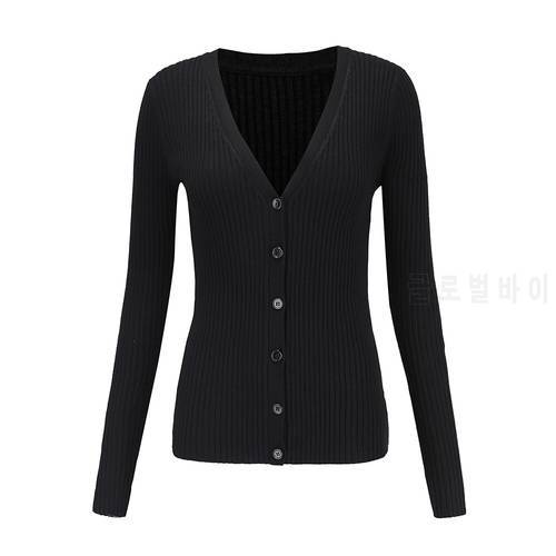 Knitted Essential Ribbed Cardigan Sweater Women Cotton V Neck Slim Long Sleeve With Thumb Hole