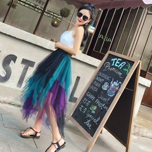 TingYiLi Korean Cute Color-Blocked Tulle Skirt Women Asymmetrical Midi Skirt Fashion Ladies Pink Blue Layered Mesh Skirt Long