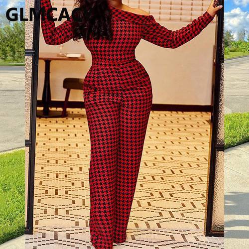 Women Skew Neck Off Shoulder Houndstooth Jumpsuits Elegant Streetwear Office Lady Workwear Party Overalls Outfit