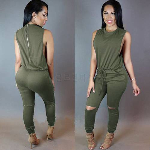 Women hole sleeveless bandage lace up jumpsuit Casual Rompers overalls for female women o-neck zipper jumpsuits women summer