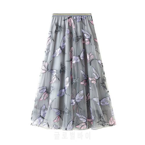 Sequins Dragonfly Embroidery Skirt WF0133 Apricot Grey Women Ladies Long Tulle Skirt Mesh Skirts