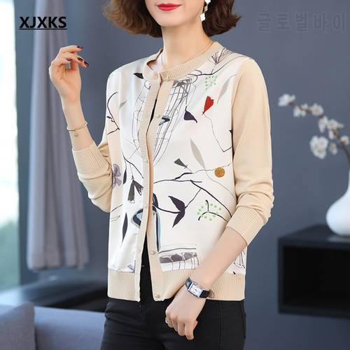 XJXKS 2022 spring autumn new fashion wool knitted stitching women sweater cardigan casual single-breasted women small coat