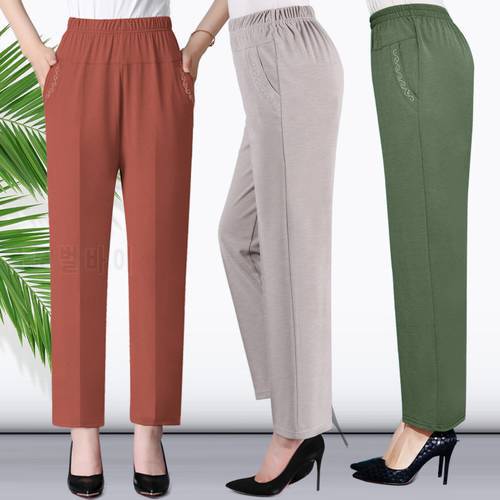 Middle-aged Women Spring Summer Pant Thin Elastic Waist Straight Pants Mother Clothing Casual Nine Points Pants Female XL-5XL