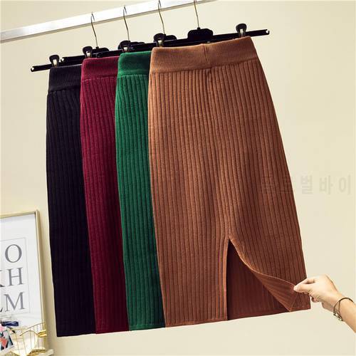Elastic band women skirts Autumn winter warm knitted straight Knitted long skirt Ribbed solid ladies party wear skirt 2020