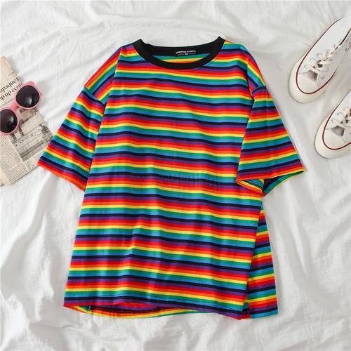 Minimalist Short Sleeve Women clothes Tops tee shirt couple clothes tshirt top Sweet Rainbow Stripe Women Summer T-Shirt