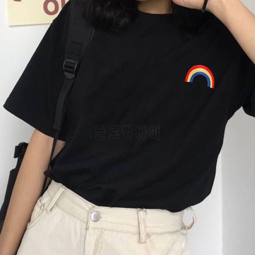 Summer Rainbow Embroidery T-Shirt Women O-Neck Short Sleeve Ulzzang Harajuku Punk BF Loose Tops Female Vintage Gothic Streetwear