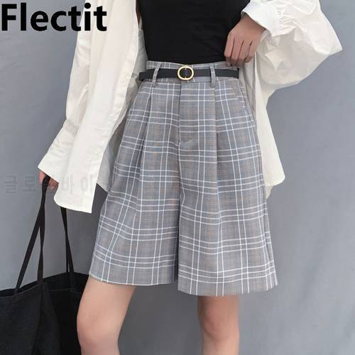 Flectit Womens Plaid Bermuda Shorts With Belt High Waist Wide Leg Shorts Summer Casual Female Shorts *