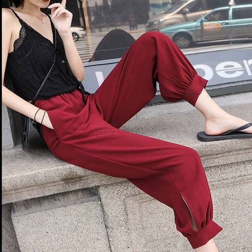 lady summer wide leg bloomers pants women solid fashion side hole breath loose pant female casual red black Jogger Pants