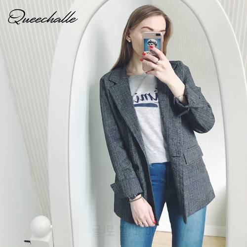 Plaid Blazer Women 2021 Autumn Formal Office Lady Double Breasted Loose Jacket Coat Long Sleeve Casual Suit Blazer Gray Coffee