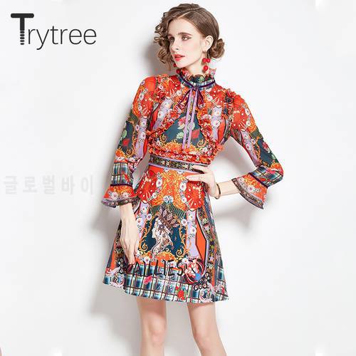 Trytree 2021 Spring Summer Women&39s Dress Casual Bow Ribbon Stand Collar Flare Sleeve Fashion Printed Elegant High Street Dress