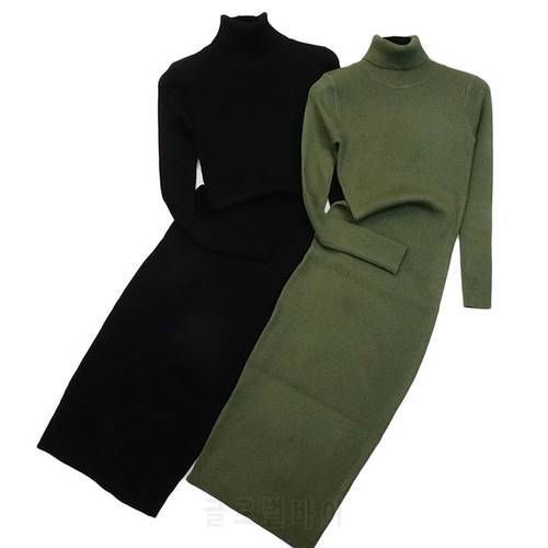 2022 New Autumn Winter Fashion Women Party Dress Knit Style Long Sleeve Turtleneck Sweater Dress Slim Work Wear Office Dress