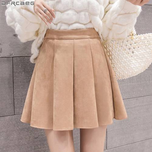 Kawaii Mini Pleated Skirts Women Autumn Winter Velvet Suede Skirt High Waist A-line Skater Skirt School Brown Pink Black Saias