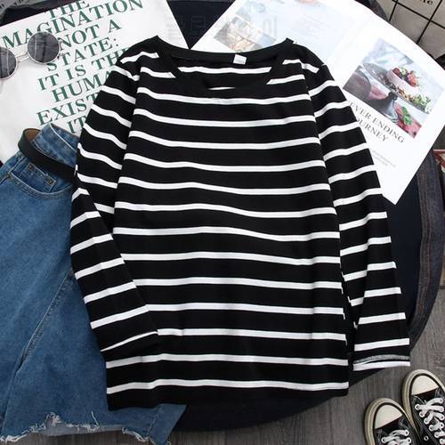 Women Loose T-Shirts Round Collar Stripes Print Loose Long Sleeve Casual Simple Wild Shirt All-match Tops