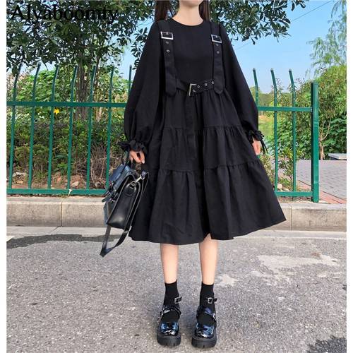 Japanese Harajuku Women Black Midi Dress Gothic Punk Style Suspenders Bandage Dress Vintage Ruffles Long Baggy Cosplay Costume